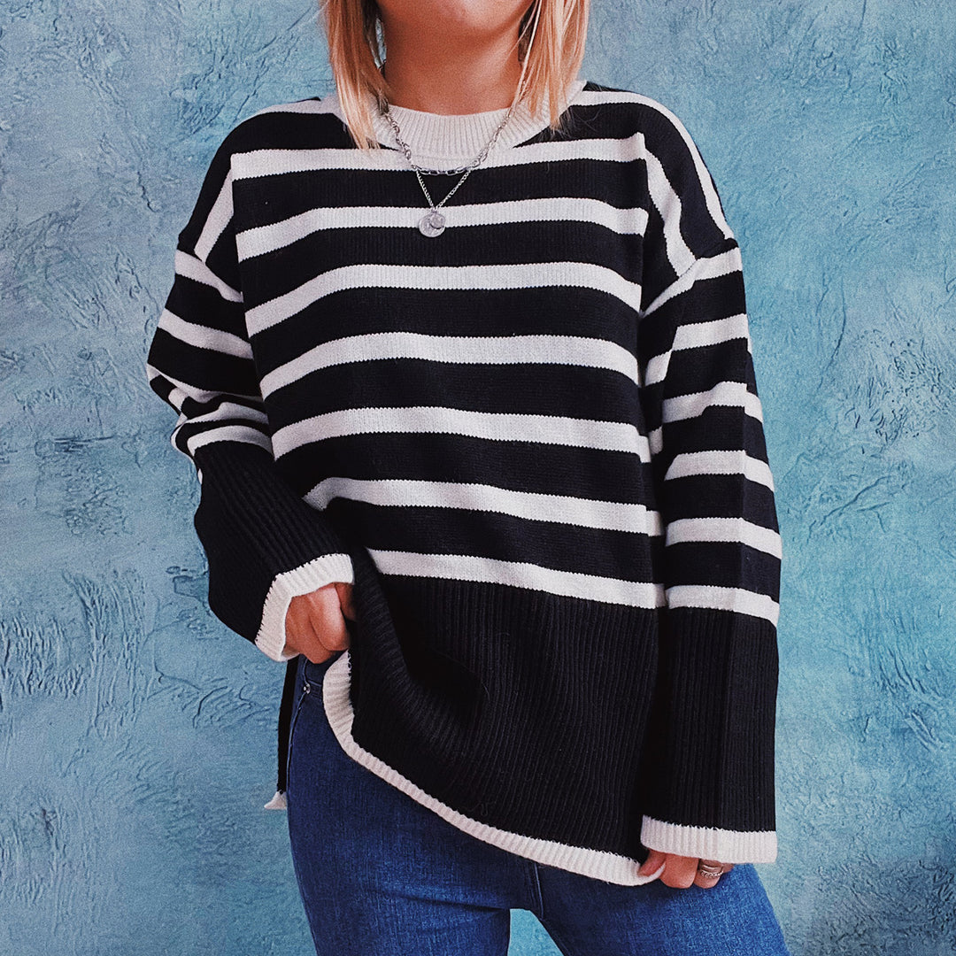 Damen lässiger Strickpullover mit modernem Streifenmuster und feiner Rippstruktur EB