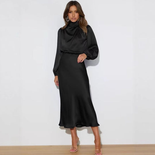 Damen Elegantes Satin-Midikleid mit Stehkragen, Blouson-Oberteil und fließendem Rock EB