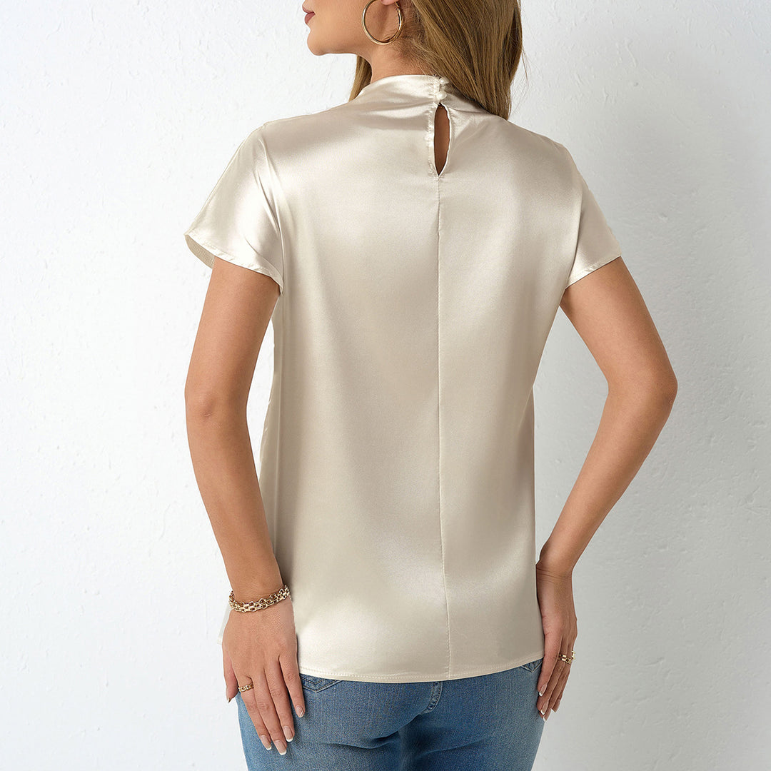 Damen Elegantes und fließendes Satinoberteil mit hoch geschlossenem Kragen EB