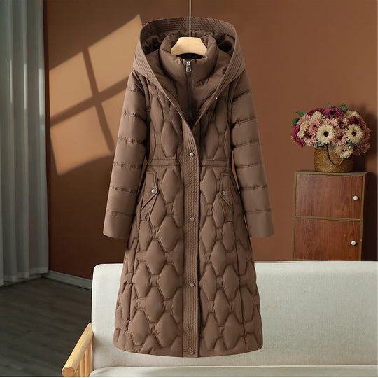 Damen nan langer gesteppter Wintermantel mit Kapuze und taillierter Silhouette EB