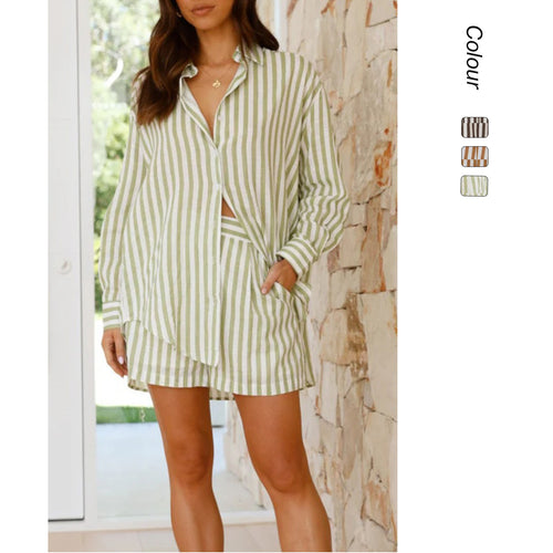 Damen Gestreiftes Kurzarm-Hemd und Shorts Set EB