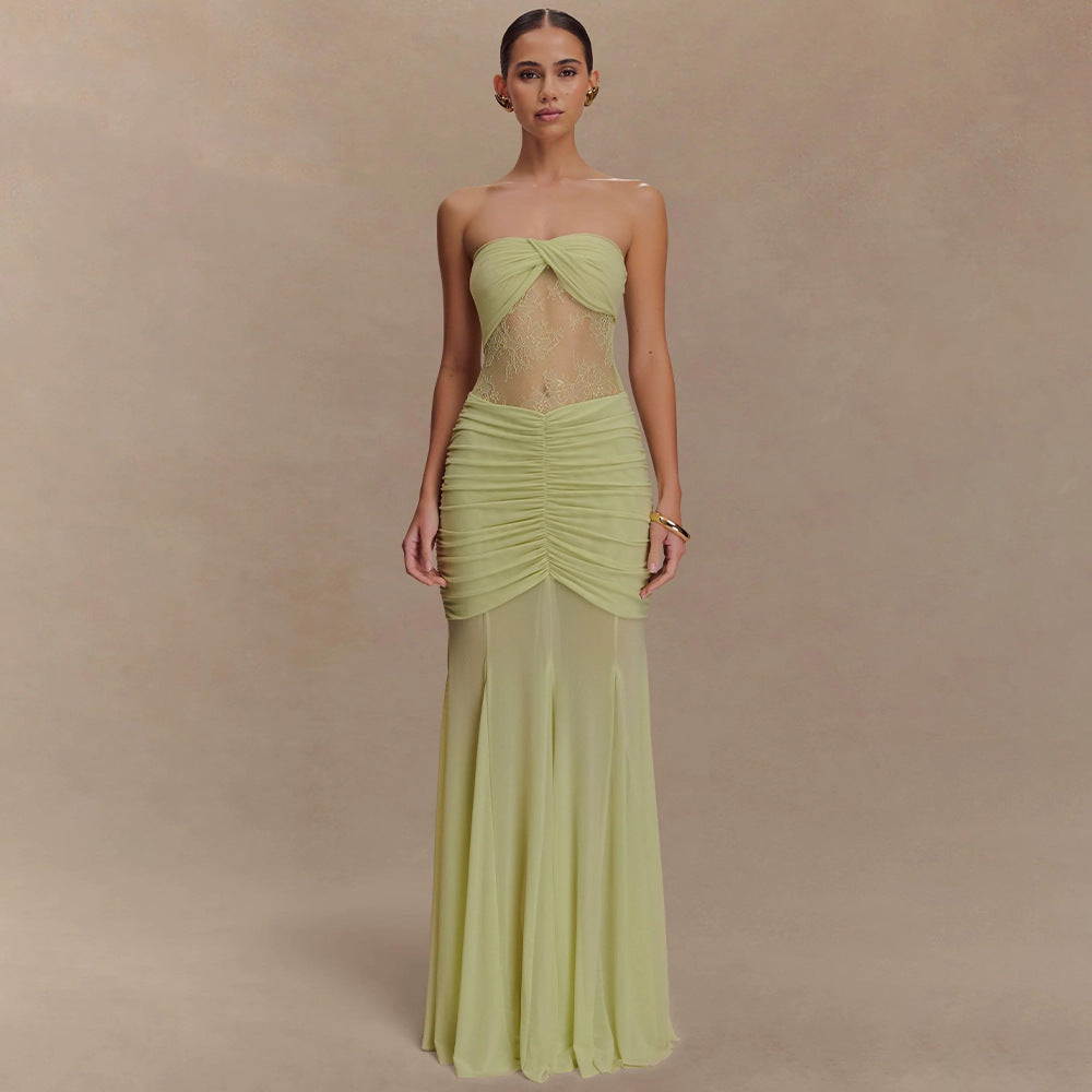 Damen Elegantes Maxikleid mit raffiniertem Spitzen-Einsatz und Raffung EB