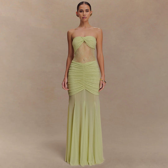 Damen Elegantes Maxikleid mit raffiniertem Spitzen-Einsatz und Raffung EB