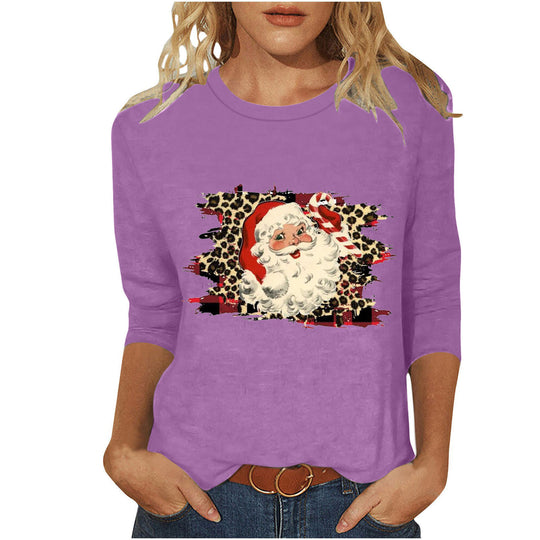Damen nan lässiges Sweatshirt mit Retro-Weihnachtsmann-Print, Leoparden- und Karomuster und dreiviertelärmel EB