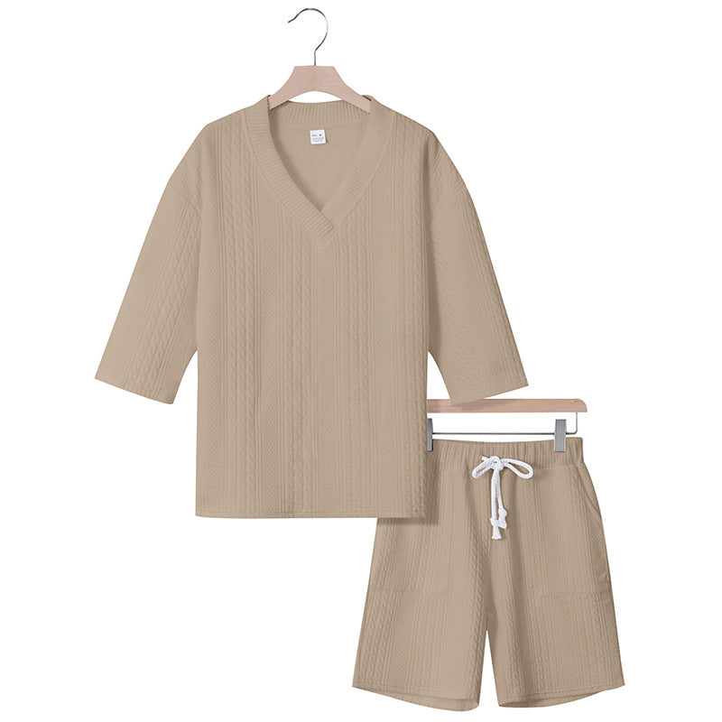Unisex nan lässiges Lounge-Set mit V-Ausschnitt-Oberteil und Kordelbund-Shorts EB