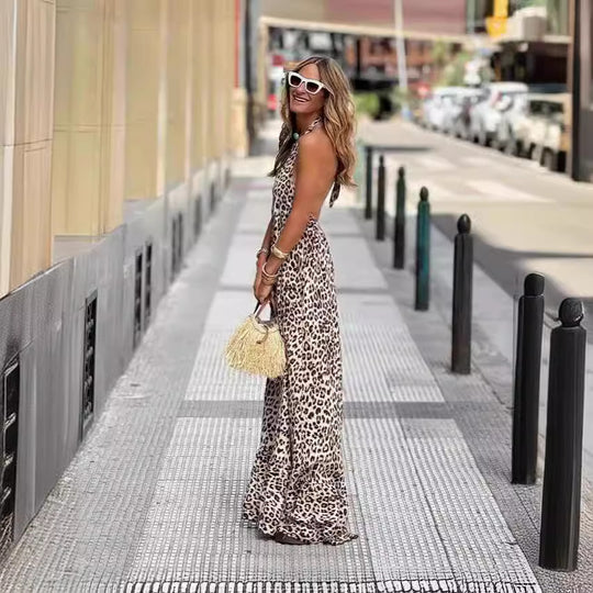 Damen Maxikleid im eleganten Leo-Design mit fließendem Rock EB