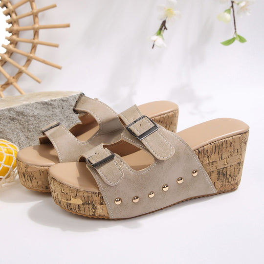 Damen Wedge-Pantoletten mit verstellbaren Schnallen und komfortablem Korkfußbett EB