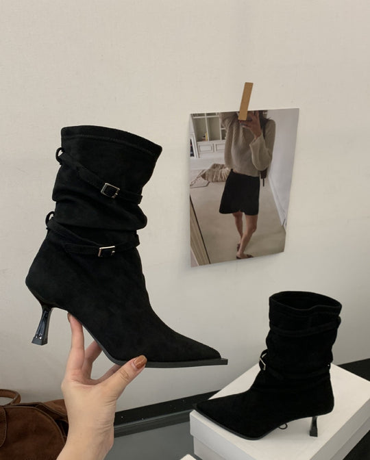 Damen elegante Stiefeletten aus süßem Wildleder mit schickem Falten-Design und kitten Absatz EB