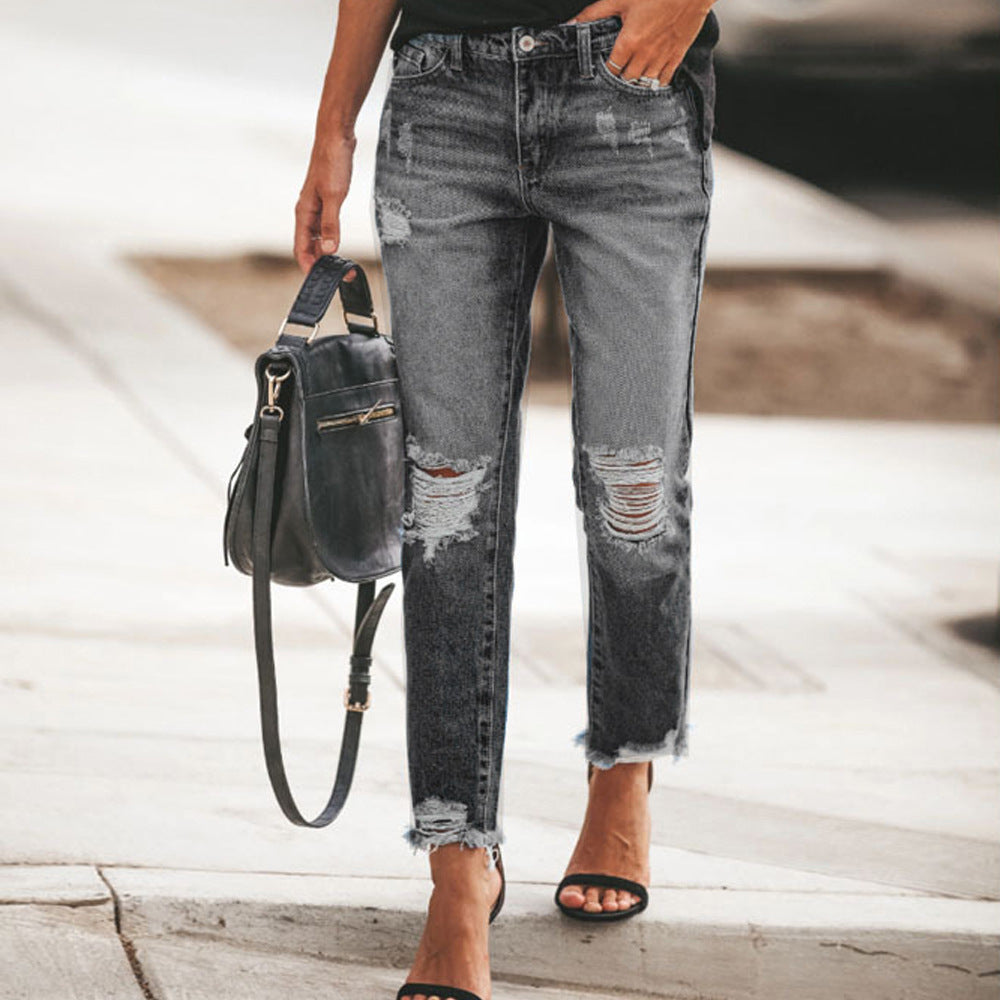 Damen Destroyed Mom Jeans mit Fransen und lässigem Schnitt EB