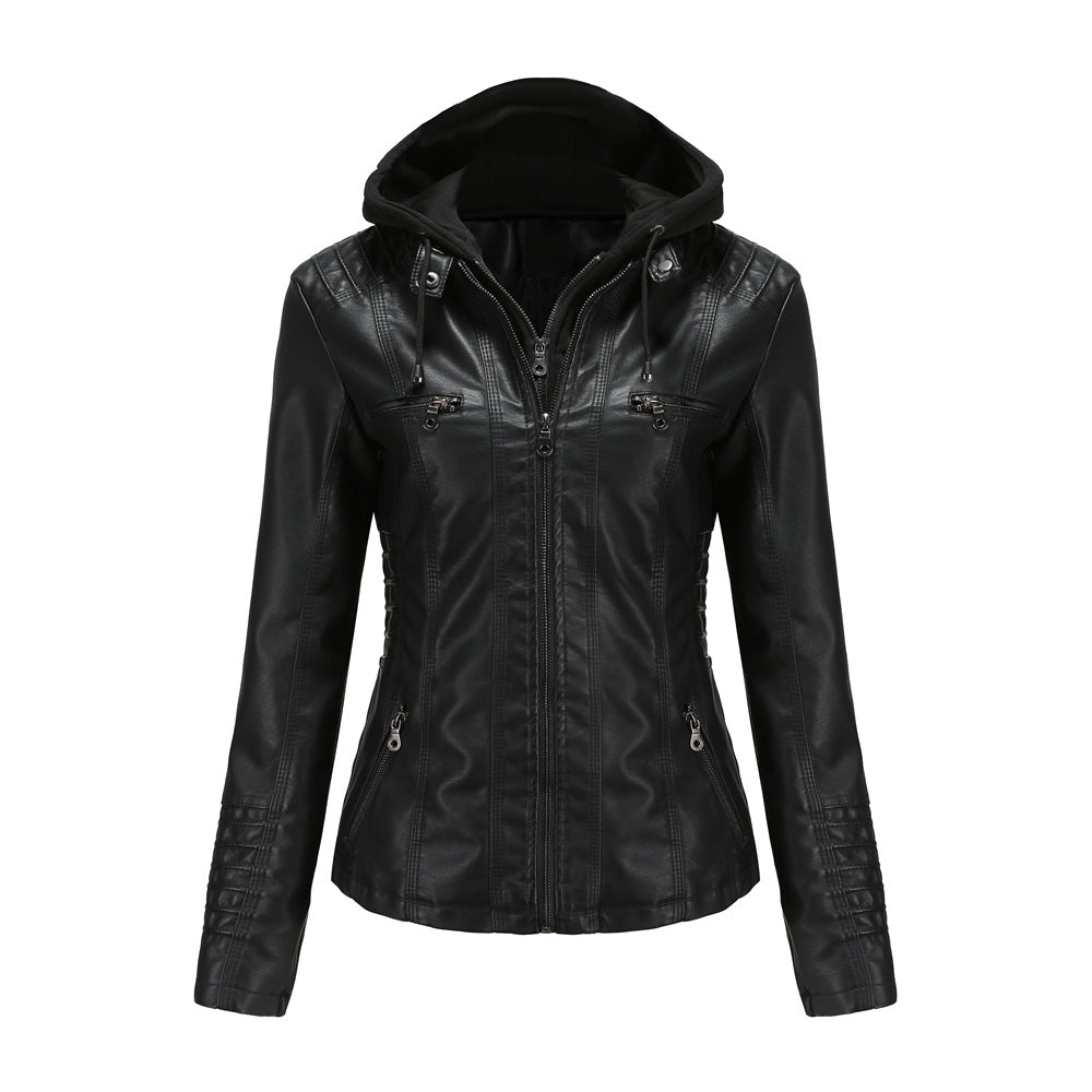 Damen nan taillierte Kunstlederjacke mit Kapuze, gesteppter Armblende und verdeckten Reißverschlusstaschen EB