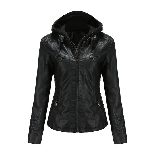 Damen nan taillierte Kunstlederjacke mit Kapuze, gesteppter Armblende und verdeckten Reißverschlusstaschen EB