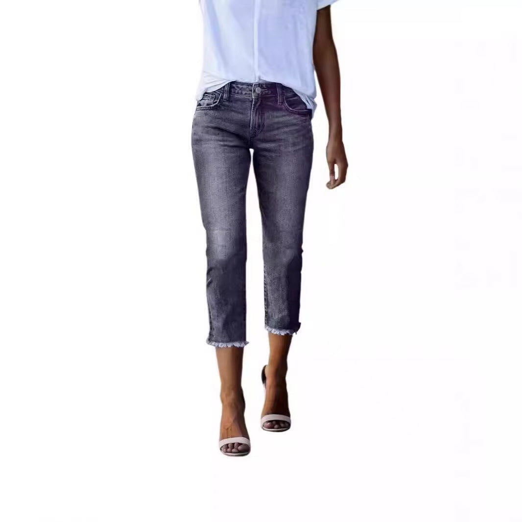 Damen 3/4 Jeans mit modischem Fransenabschluss EB