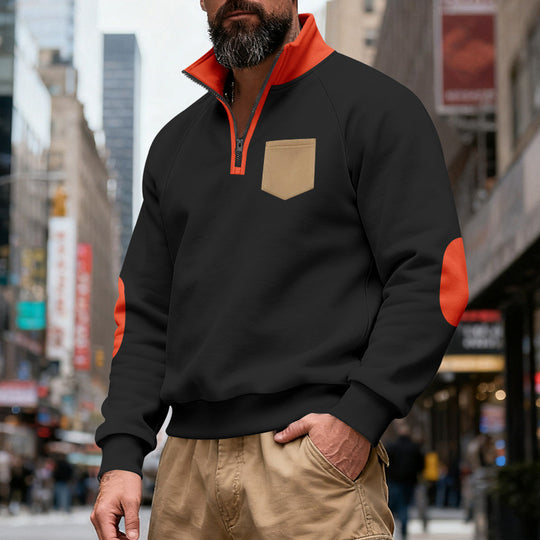Herren nan Quarterzip-Sweatshirt mit Stehkragen, kontrastiertem Reißverschluss, Ellbogenpatches und Brusttasche EB