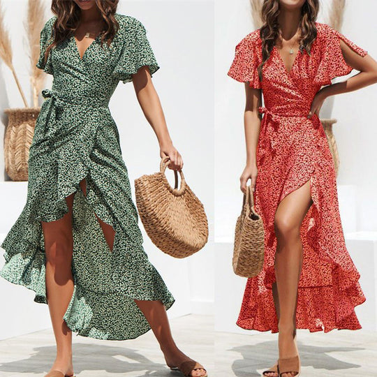 Damen lässiges Maxikleid mit Rüschendetails und hohem Schlitz EB