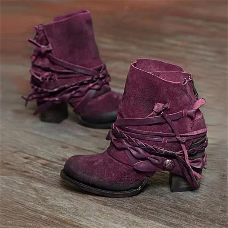 Damen Vintage Western-Ankleboots aus Velourslederoptik mit geflochtenen Zierriemen und niedrigem Blockabsatz EB