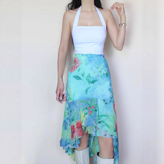 Damen asymmetrischer Rüschenrock aus floralem Chiffon EB