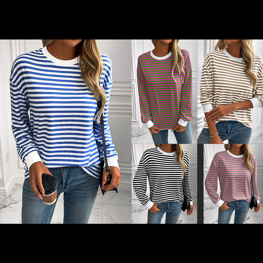 Damen gestreifter Langarm-Pullover mit lässigem Schnitt EB