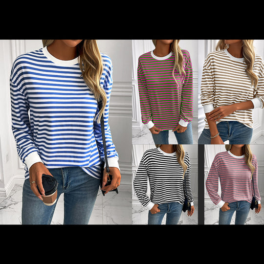 Damen gestreifter Langarm-Pullover mit lässigem Schnitt EB
