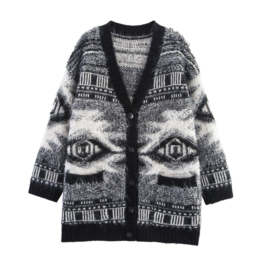 Damen Gemusterter Langarm-Cardigan mit Knopfleiste EB