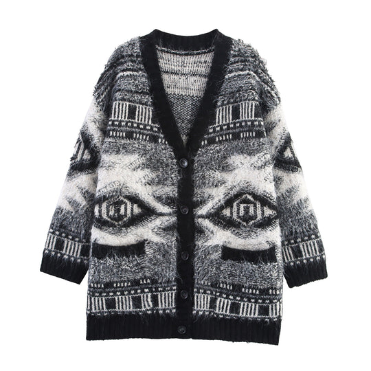 Damen Gemusterter Langarm-Cardigan mit Knopfleiste EB
