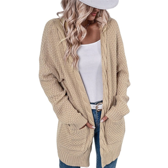 Damen lässige Strickjacke mit tiefen Taschen und knittrigem Design EB