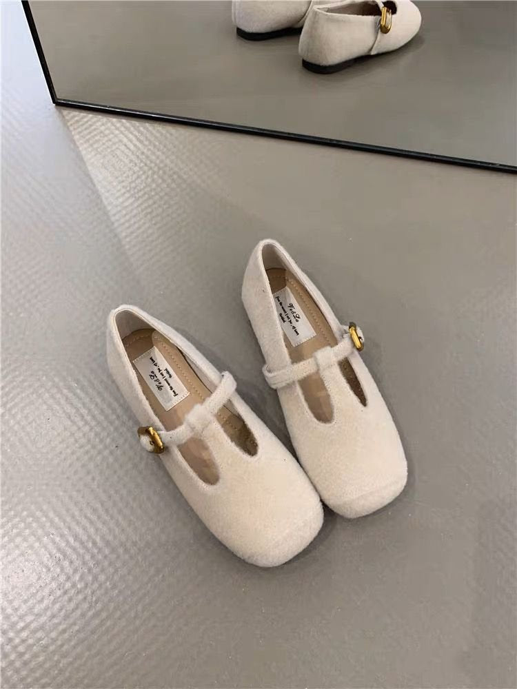 Damen elegante Filz-Ballerinas mit dekorativem Riemchen und bequemer Sohle EB