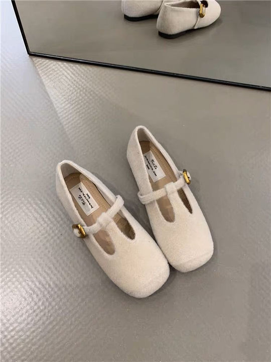 Damen elegante Filz-Ballerinas mit dekorativem Riemchen und bequemer Sohle EB