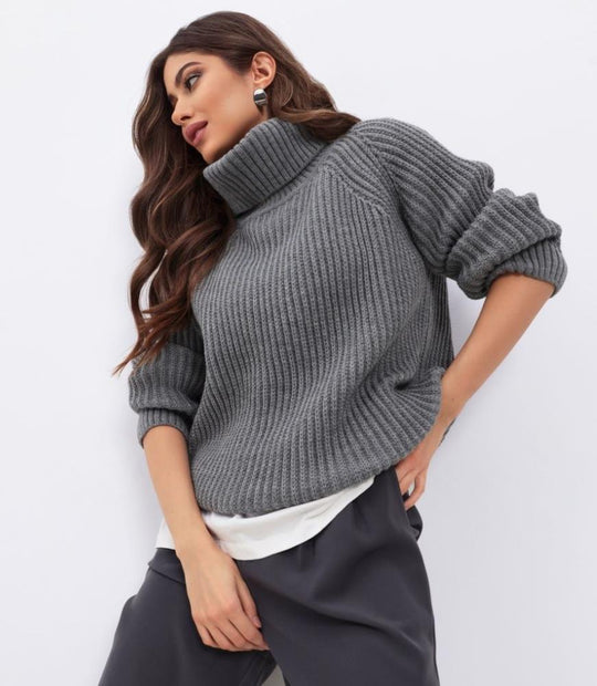 Damen Strickpullover mit hohem Kragen und Wabenstruktur EB