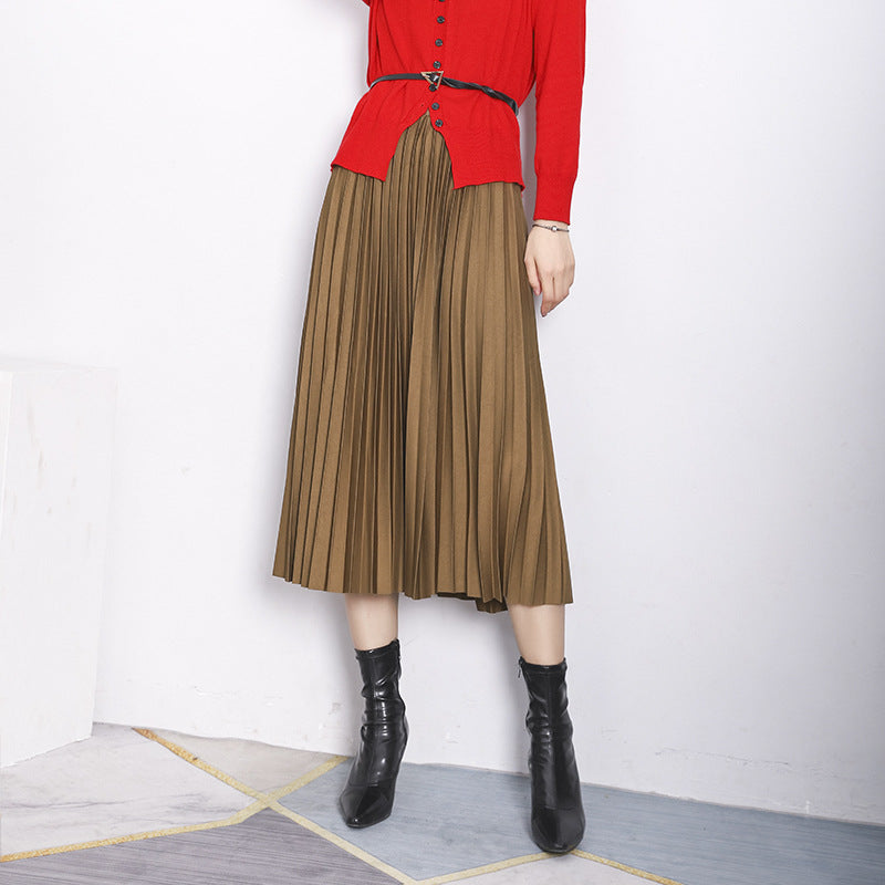 Damen  taillenhoher Plissee-Midirock aus knitterfreiem Stretch-Material mit feinem Faltenwurf EB