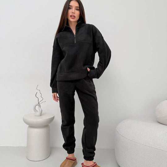 Damen Kuscheliges Fleece-Loungewear-Set mit halbem Reißverschluss und elastischer Jogginghose EB