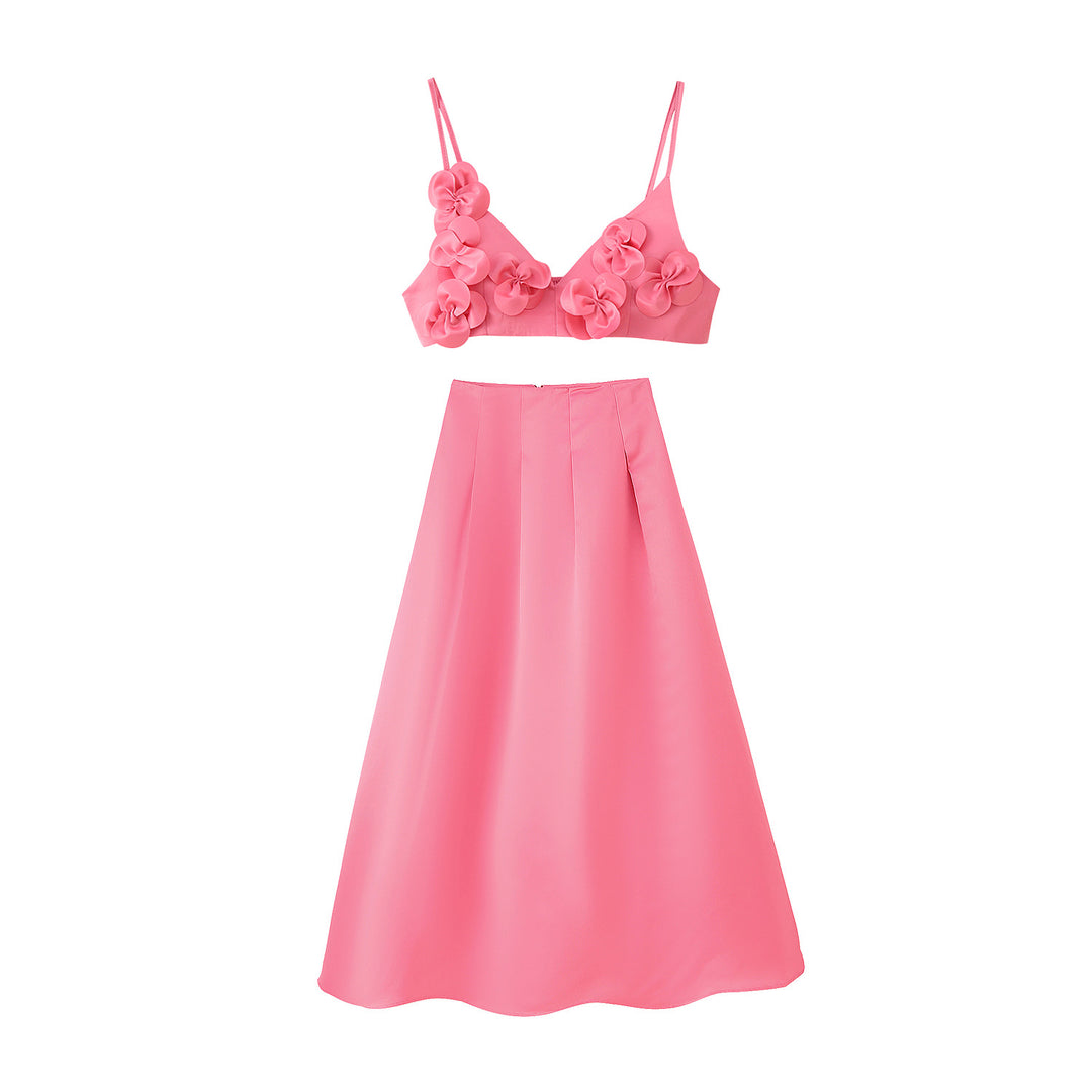 Damen Modisches Set mit Blumendetails und ausgestelltem Rock EB