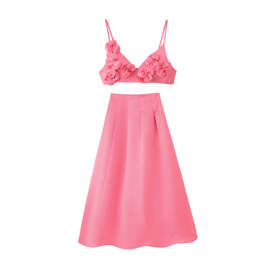 Damen Modisches Set mit Blumendetails und ausgestelltem Rock EB