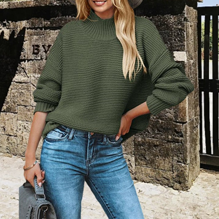 Damen kuscheliger Pullover mit hohem Kragen und strukturiertem Strickmuster EB