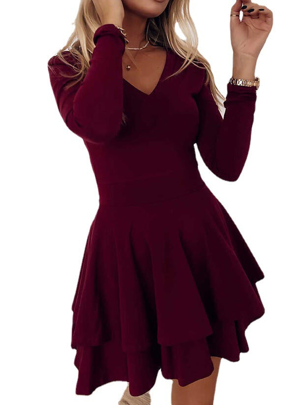 Damen V-Ausschnitt Kleid mit voluminösem Rock und langen Ärmeln EB