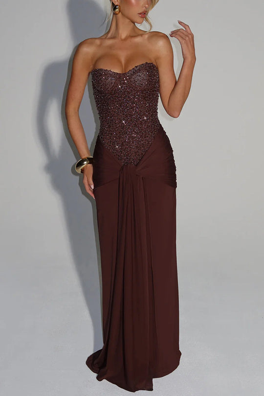 Damen Elegantes Abendkleid mit transparentem Oberteil und seitlichem Schlitz EB