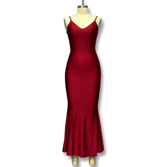 Damen figurbetontes Maxikleid mit tiefem V-Ausschnitt und einem eleganten Materialmix EB
