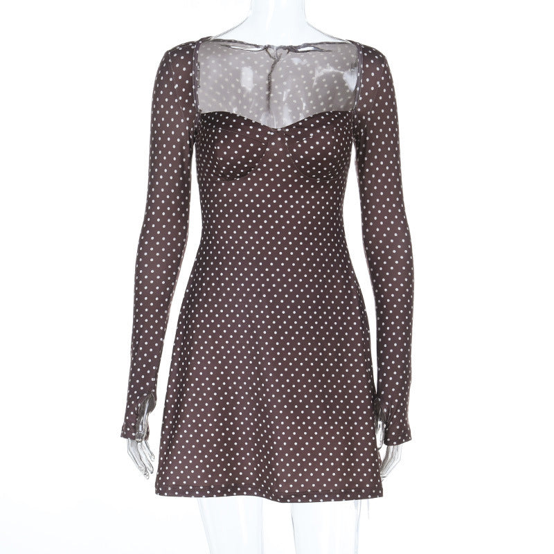 Damen verspieltes Polka-Dot-Kleid mit transparentem Oberteil und langen Ärmeln EB