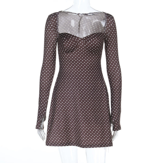 Damen verspieltes Polka-Dot-Kleid mit transparentem Oberteil und langen Ärmeln EB