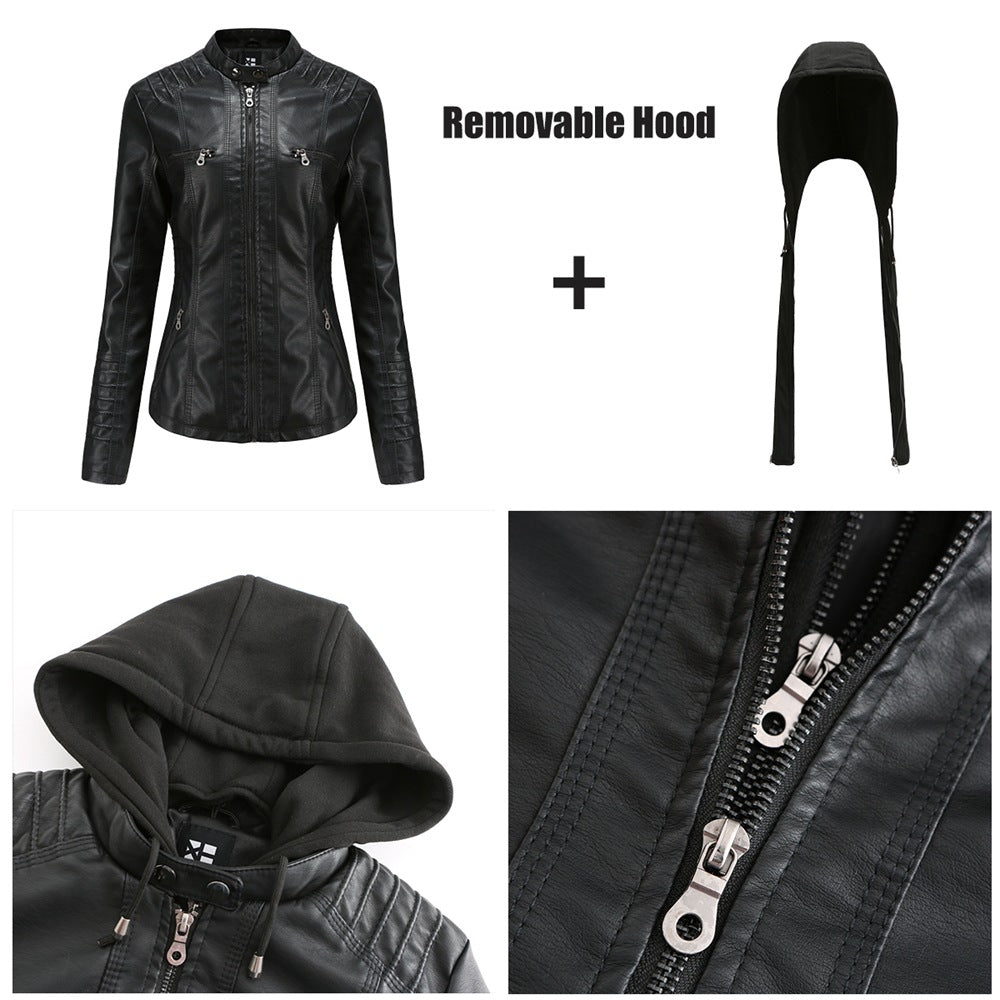 Damen nan taillierte Kunstlederjacke mit Kapuze, gesteppter Armblende und verdeckten Reißverschlusstaschen EB
