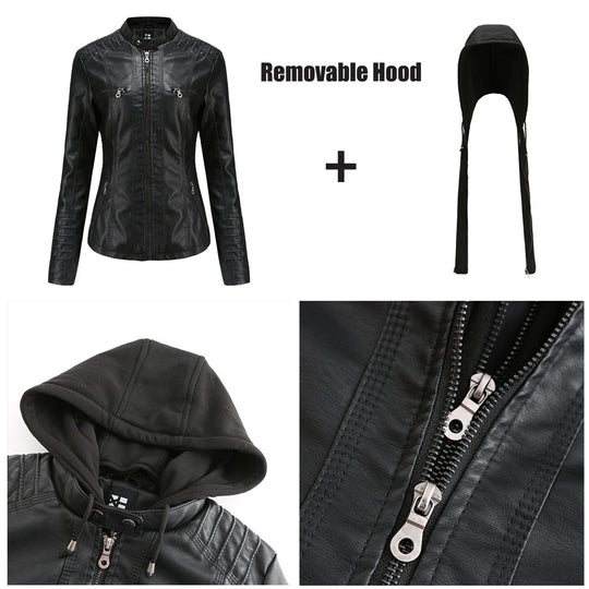 Damen nan taillierte Kunstlederjacke mit Kapuze, gesteppter Armblende und verdeckten Reißverschlusstaschen EB