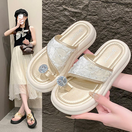 Damen trendige Flip-Flops mit floralem Dekor und funkelndem Schmuckdetail EB