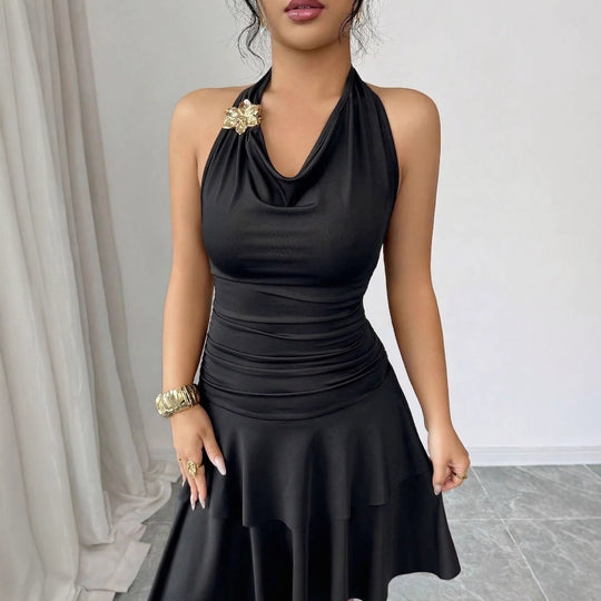 Damen nan Halter-Midikleid mit Wasserfall-Ausschnitt, taillierter Raffung und stufenweisem Volantrock EB