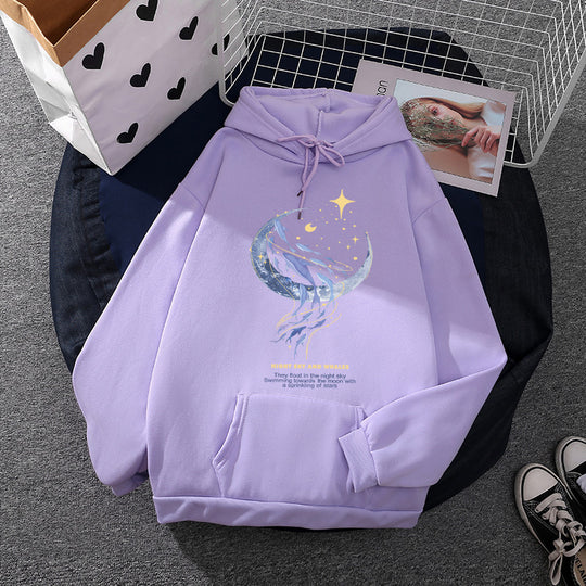 Damen nan Kapuzenpullover mit Mond‑und‑Wal-Illustration, Oversize-Schnitt und Kängurutasche EB