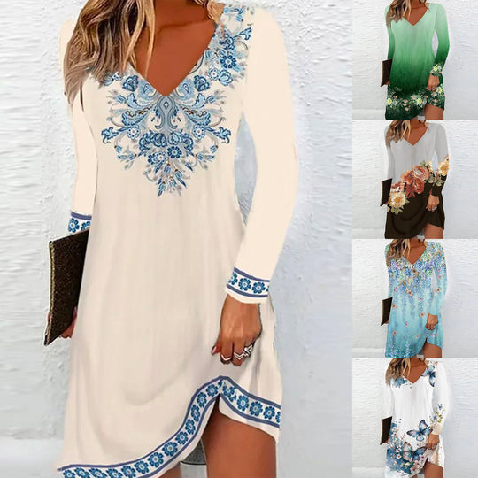Damen V-Ausschnitt Kleid mit floralen Akzenten und langen Ärmeln EB