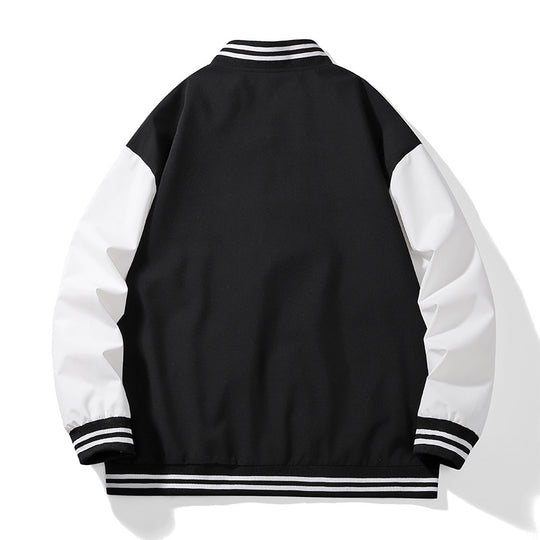 Unisex College-Bomberjacke im Varsity-Stil mit kontrastärmeln, gestreiften Rippbündchen und Druckknopfverschluss EB