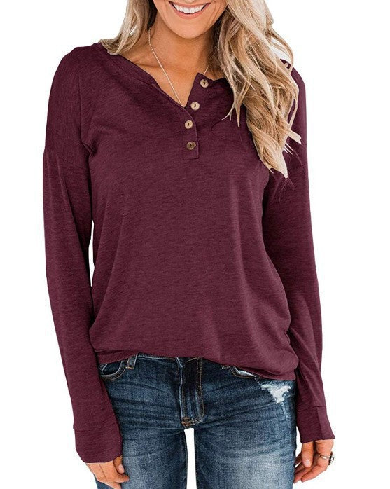 Damen modisches Langarm-Henley-Shirt mit Knopfleiste EB