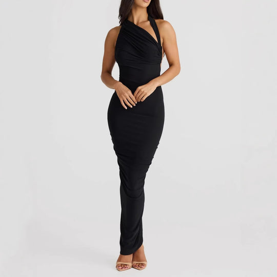 Damen Elegantes langes Wickelkleid mit schulterfreiem Design und gerafftem Oberteil EB