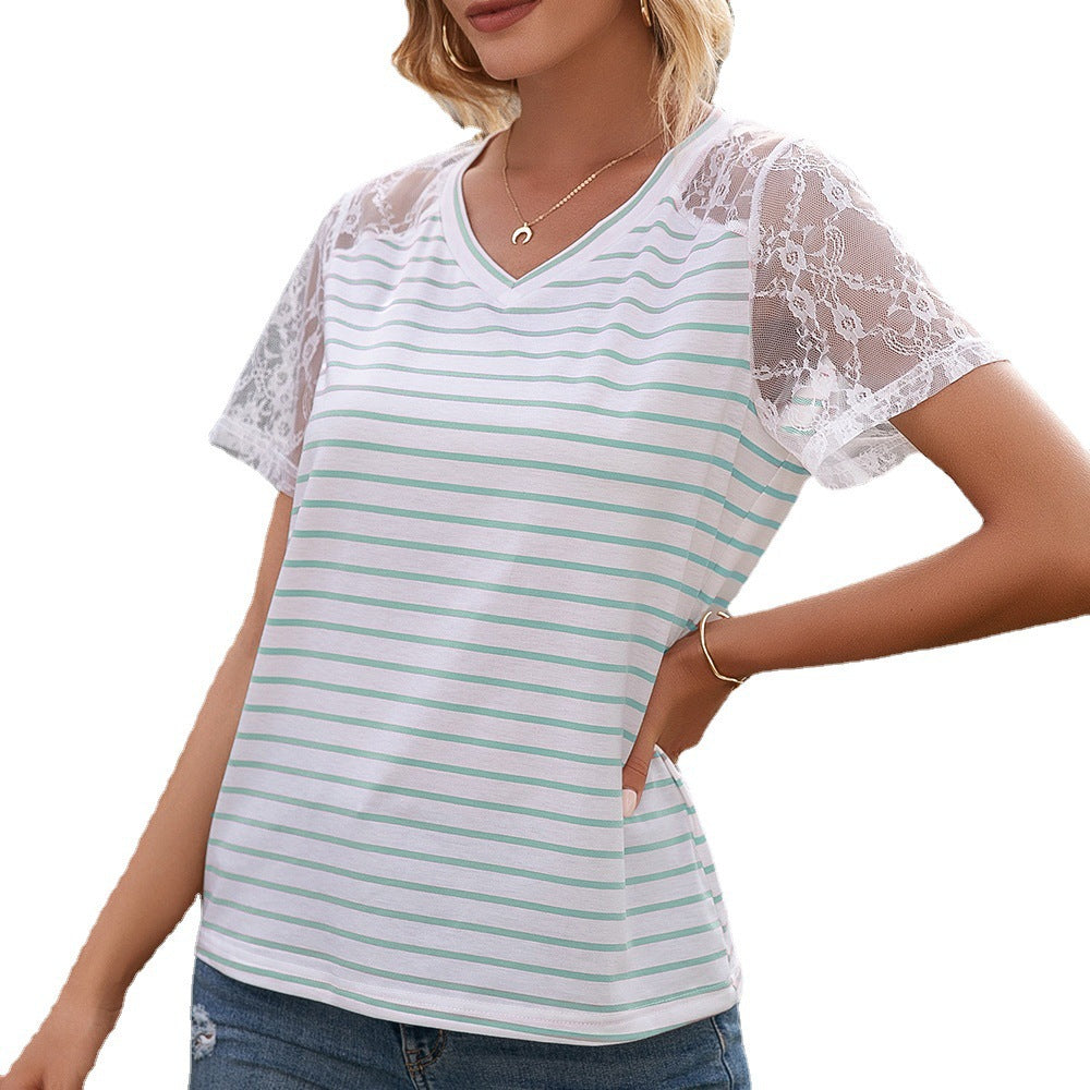 Damen T-Shirt mit Spitzenärmeln und gestreiftem Design EB