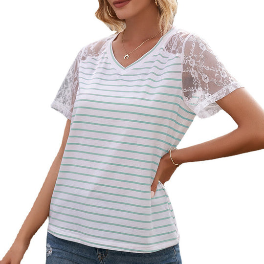 Damen T-Shirt mit Spitzenärmeln und gestreiftem Design EB