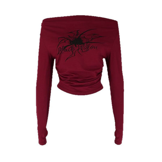 Damen cropped Langarmshirt mit Off-Shoulder Design und innovativem Batikdruck EB